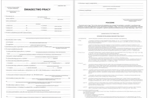 Formularz świadectwa pracy z polami do wypełnienia.