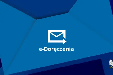 Ikona koperty z strzałką i napisem "e-Doręczenia" na niebieskim tle.