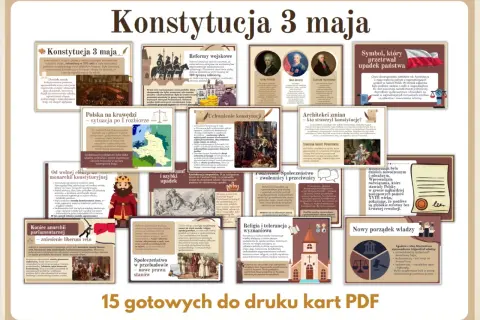 Ilustracja przedstawia kolaż grafik i tekstów dotyczących Konstytucji 3 Maja, z dominującym tytułem.