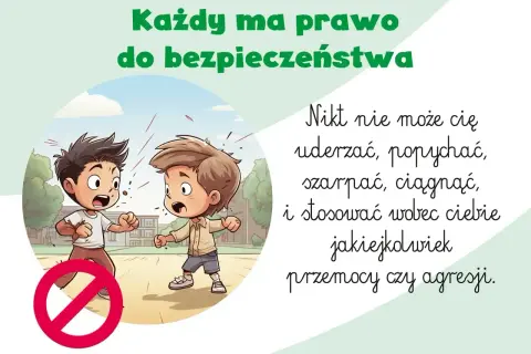 Ilustracja dwóch chłopców w szkole, jeden popycha drugiego, z przekreślonym znakiem zakazu.