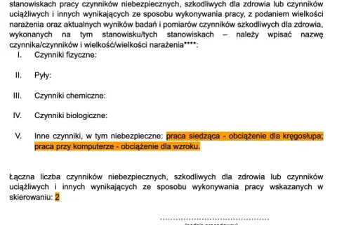 Fragment formularza dotyczący opisu warunków pracy, z wyszczególnionymi czynnikami fizycznymi, chemicznymi, biologicznymi i innymi.