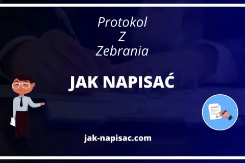 Ilustracja z tekstem "Protokół Z Zebrania JAK NAPISAĆ" i ikoną dokumentu.