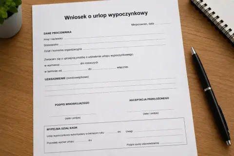 Formularz wniosku o urlop wypoczynkowy, gotowy do wypełnienia. Czas na zasłużony urlop na żądanie!