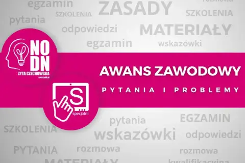 Grafika z napisem "AWANS ZAWODOWY", ikoną żarówki i literą "S" na tle słów kluczowych.