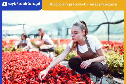 Młoda dziewczyna w fartuchu pracuje w szklarni, pielęgnując czerwone kwiaty. To przykład pracownika młodocianego.