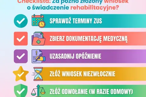 Checklista kroków dotyczących wniosku o świadczenie rehabilitacyjne: sprawdź terminy, zbierz dokumenty, uzasadnij opóźnienie, złóż wniosek, złóż odwołanie.
