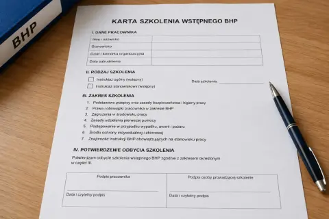 Karta szkolenia wstępnego BHP. Dokument zawiera pola do wpisania danych pracownika, rodzaju szkolenia (instruktaż ogólny lub stanowiskowy), zakresu szkolenia oraz potwierdzenia jego odbycia.