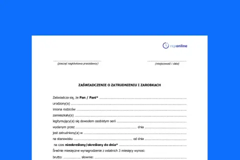 Formularz "Zaświadczenie o zatrudnieniu i zarobkach" zawiera pola do wypełnienia, takie jak dane osobowe, informacje o zatrudnieniu i wynagrodzeniu.