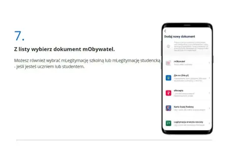 Telefon z aplikacją mObywatel, wyświetlający listę dokumentów do dodania.