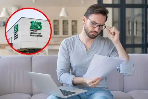 Mężczyzna analizuje dokumenty dotyczące umowy zlecenia do stażu pracy, w tle budynek ZUS.