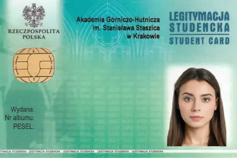Legitymacja studencka AGH z chipem, godłem RP i zdjęciem studentki.