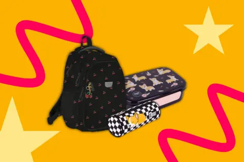 Plecak w wiśnie, piórnik i lunchbox z corgi – idealne akcesoria, jeśli szukasz inspiracji, jakie zeszyty do 8 klasy wybrać.