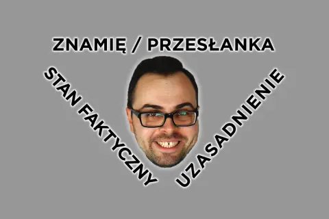 Uśmiechnięta twarz mężczyzny w okularach, otoczona tekstem: "ZNAMIĘ / PRZESŁANKA", "STAN FAKTYCZNY", "UZASADNIENIE".