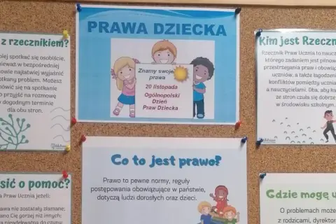 Plakat informacyjny o prawach dziecka w szkole z rysunkami dzieci i nauczycieli.