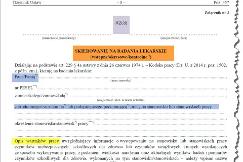 Skierowanie na badania lekarskie wstępne/okresowe/kontrolne. Dokument zawiera dane pracownika i opis warunków pracy, niezbędne do przeprowadzenia badań okresowych pracowników.