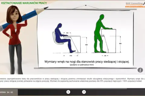 Kobieta z ołówkiem prezentuje wymiary wnęk na nogi dla stanowiska pracy siedzącej i stojącej, dbając o ergonomię.