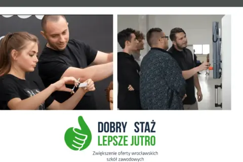 Dwóch mężczyzn i kobieta uczą się zawodu, jeden mężczyzna pokazuje coś na ekranie.