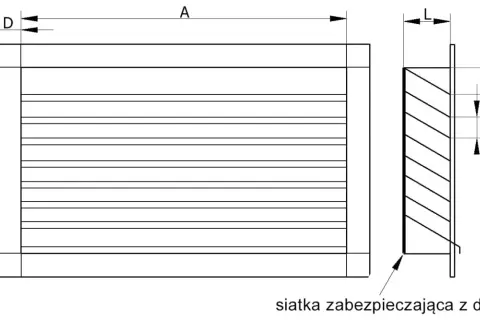 Schematyczny rysunek kratki z wymiarami. Odległość między liniami kratki wynosi 50mm, a grubość drutu D.