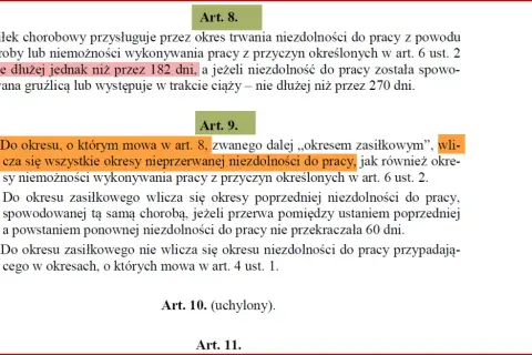 Zasiłek chorobowy przysługuje do 182 dni. Ponowne zwolnienie lekarskie po 182 dniach choroby jest możliwe, jeśli przerwa między zwolnieniami nie przekracza 60 dni.