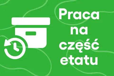 Ikona pudełka z zegarem i napis "Praca na część etatu" na zielonym tle.