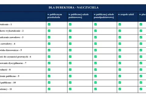 Tabela z wymaganiami dla dyrektora szkoły, z zaznaczonymi zielonymi ptaszkami kryteriami.