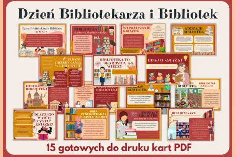 Ilustracja przedstawia kolaż z grafikami i tekstem na temat bibliotek i bibliotekarzy.