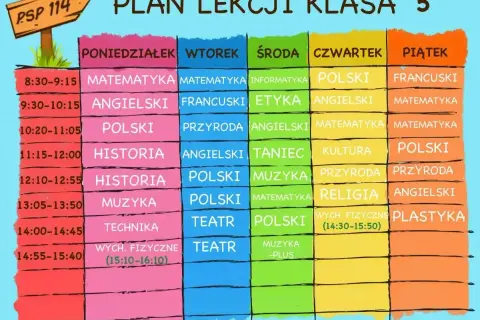 Kolorowy plan lekcji klasy 5 z przedmiotami i godzinami.