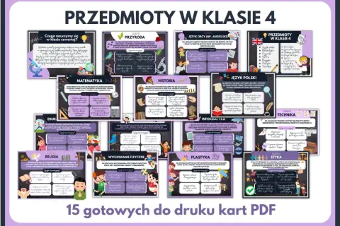 Ilustracja przedstawia kolaż z tablicami informacyjnymi o przedmiotach w 4 klasie.