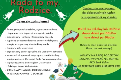Grafika z napisem "Rada Rodzice", dzwonkiem, strzałką i ikonami edukacyjnymi.
