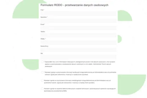 Formularz RODO z polami do wpisania danych osobowych i opcjami zgód.