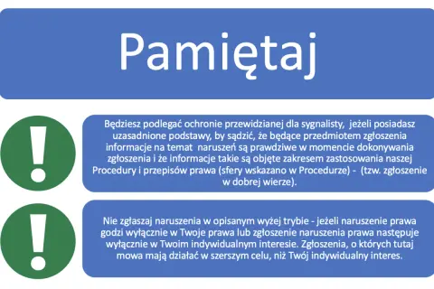 Dwa zielone wykrzykniki obok tekstu "Pamiętaj" i dwa bloki tekstu z informacjami.