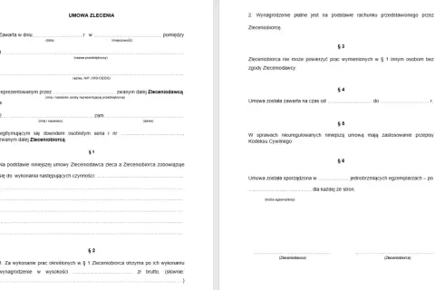 Fragment umowy zlecenia z polami do wypełnienia, dotyczący zasad i wynagrodzenia.