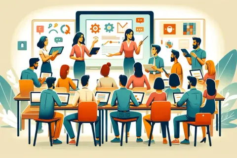 Ilustracja przedstawia szkolenie dla dorosłych, gdzie dwie kobiety prowadzą lekcję, a uczestnicy siedzą przy stołach z laptopami.