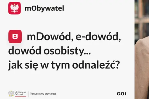Grafika z logo mObywatel i tekstem: mDowód, e-dowód, dowód osobisty... jak się w tym odnaleźć?