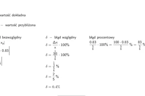 Obliczenia błędu procentowego dla wartości 5/6 i przybliżenia 0.83. Wynik to 99.6%.