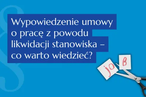 Nożyczki przecinające kartkę z napisem "job" na tle niebieskim z symbolem paragrafu.