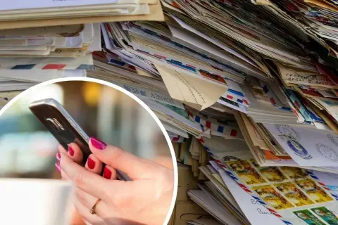 Stos listów i kopert, dłoń trzymająca smartfon.