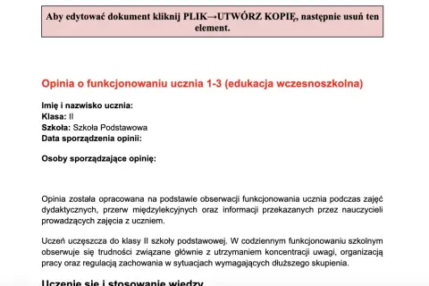 Opinia o funkcjonowaniu ucznia z klasy II szkoły podstawowej, opisująca trudności z koncentracją i organizacją.
