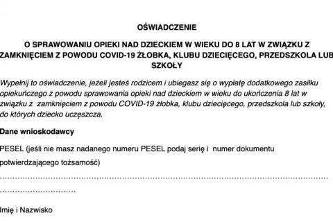 Fragment formularza oświadczenia dotyczącego opieki nad dzieckiem do 8 lat z powodu COVID-19.