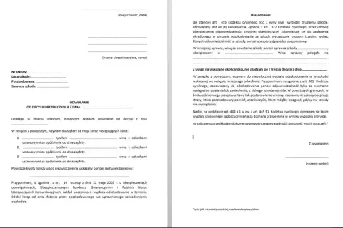 Fragment dokumentu z polami do wypełnienia, dotyczący odwołania od decyzji ubezpieczyciela.