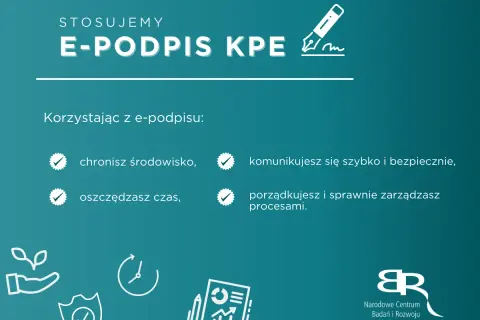 Grafika z tekstem "E-PODPIS KPE" i ikonami symbolizującymi korzyści z jego używania.