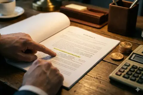 Dłoń wskazuje na dokument "wypowiedzenie za porozumieniem stron". Obok leży kalkulator i monety.