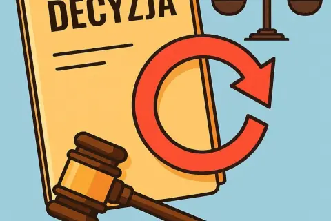 Ilustracja dokumentu z napisem "DECYZJA", młotka sędziowskiego, wagi i czerwonej strzałki w kształcie koła.