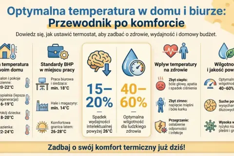 W pomieszczeniu biurowym temperatura powietrza nie może być niższa niż 18°C, by zapewnić komfort i wydajność.