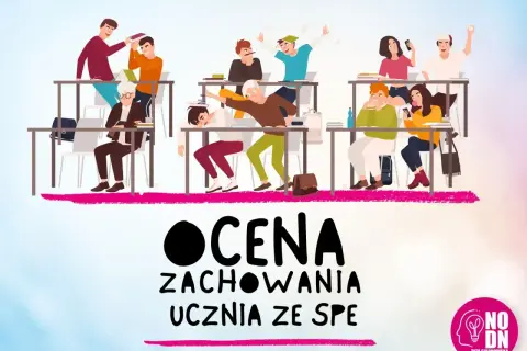 Ilustracja przedstawia grupę uczniów w klasie, niektórych rozmawiających, innych bawiących się.