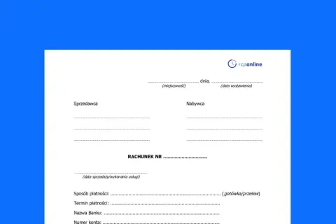 Formularz rachunku do umowy zlecenia z polami na dane sprzedawcy, nabywcy, numer rachunku, datę sprzedaży i sposób płatności.