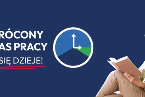 Skrócony czas pracy to szansa na więcej wolnego. Uśmiechnięta kobieta czyta książkę, podczas gdy zegar symbolizuje krótszy dzień pracy.