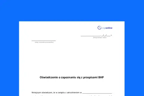 Oświadczenie pracownika o zapoznaniu się z przepisami BHP. Dokument zawiera pola na imię, nazwisko, miejscowość i datę.