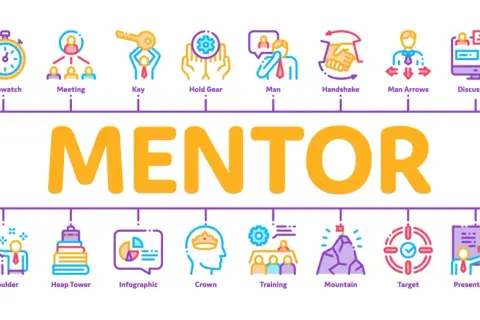 Ilustracja z napisem "MENTOR" i ikonami symbolizującymi naukę, rozwój i współpracę.