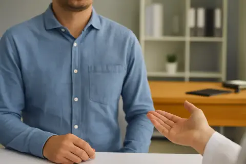 Dwie osoby przy stole, jedna mówi, druga słucha.
